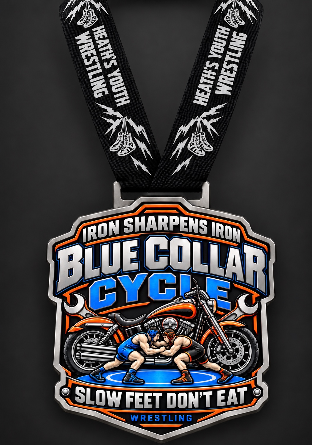 Blue Collar Cycle medal with a motorcycle, two wrestlers, Iron Sharpens Iron, and Slow Feet Don’t Eat