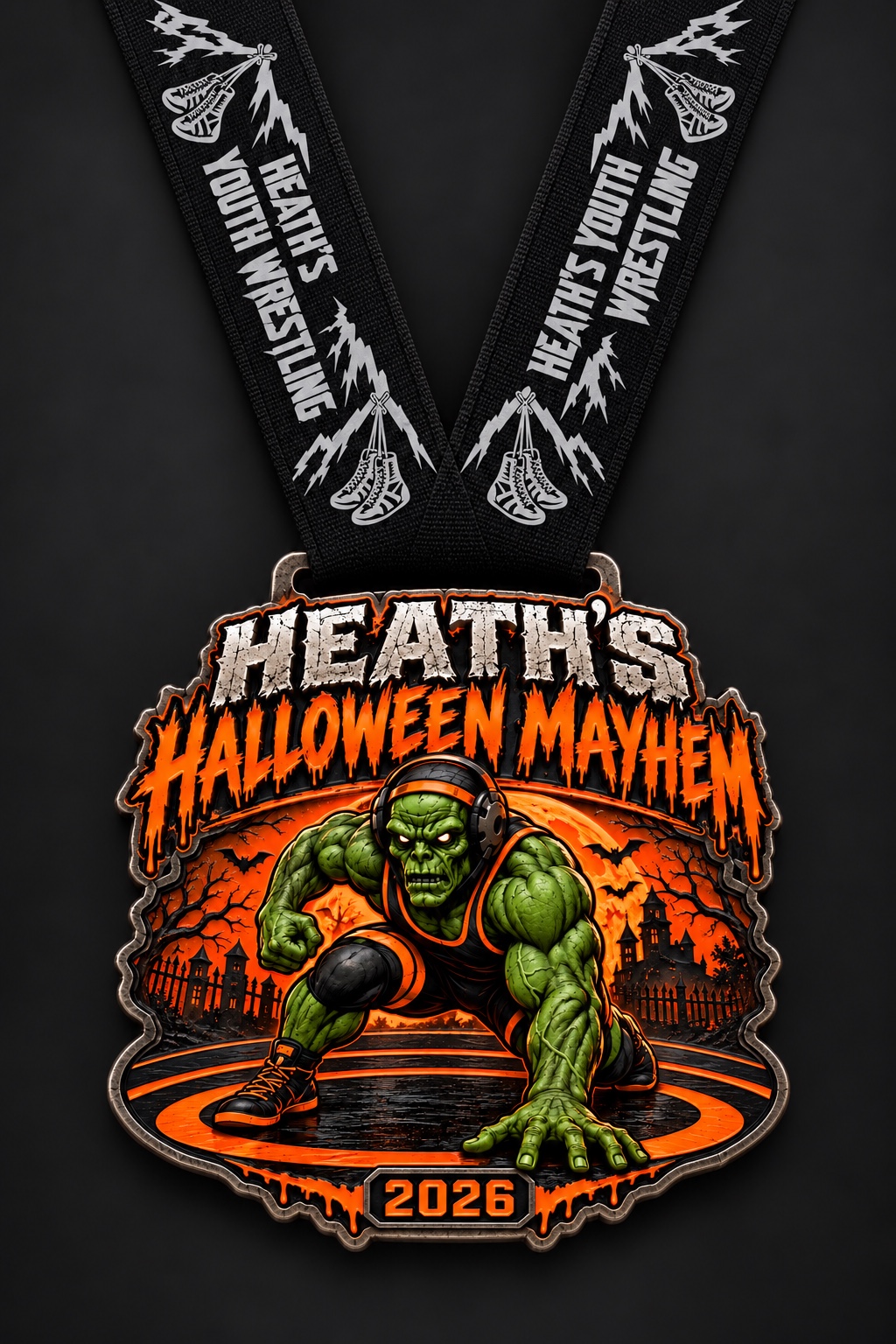 Heath’s Halloween Mayhem 2026 medal artwork with a green wrestler and orange Halloween design